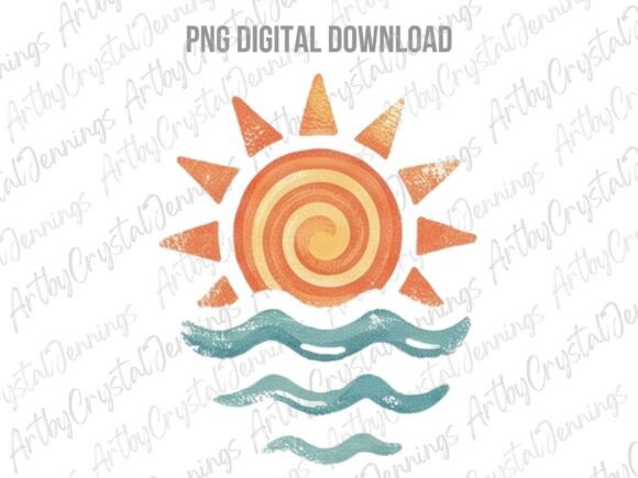 Download Retro Summer Sun and Ocean Waves PNG - Retro Collection